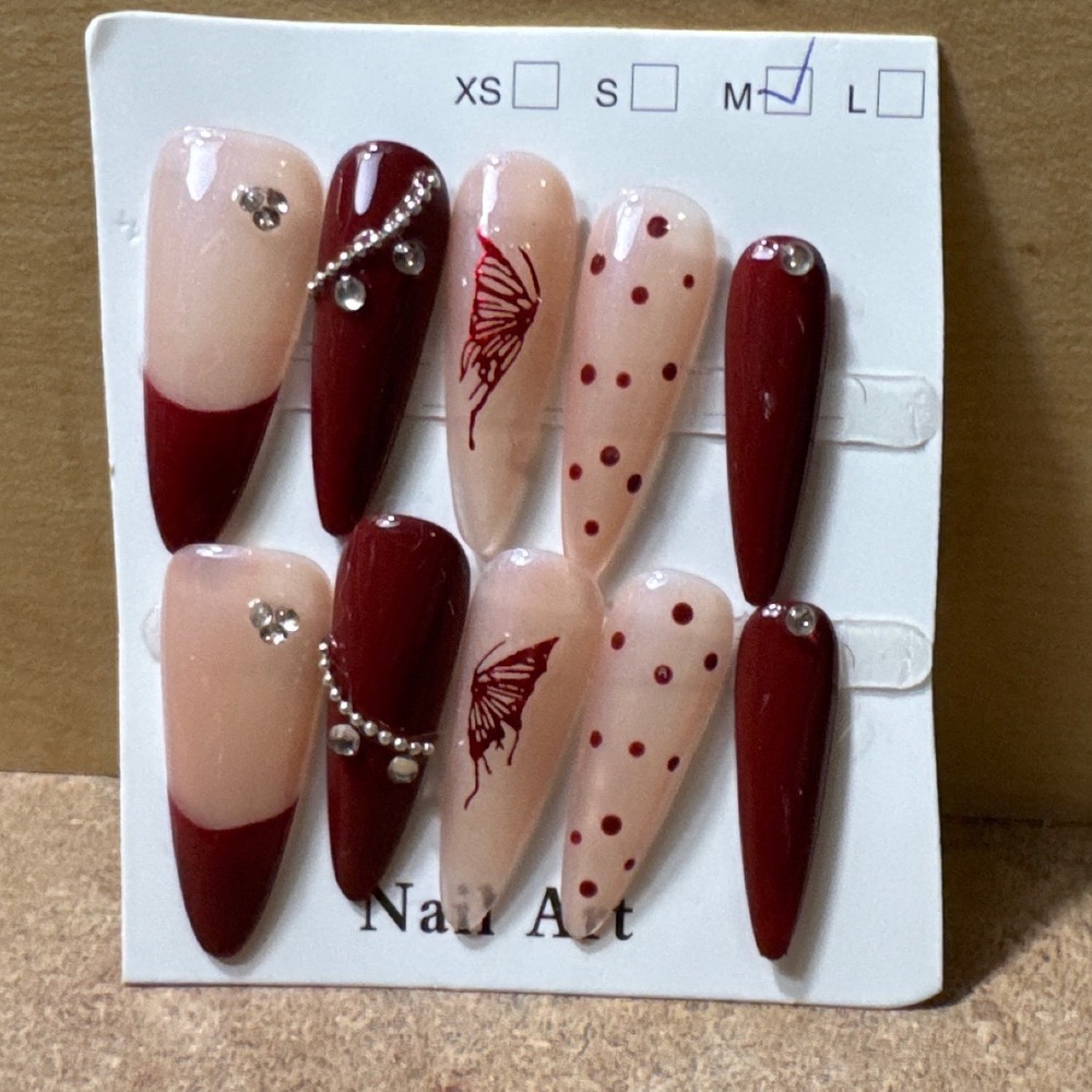 Burgundy Nude Butterfly Rhinestone Press On Nails Long Stiletto Size M 10pc Set